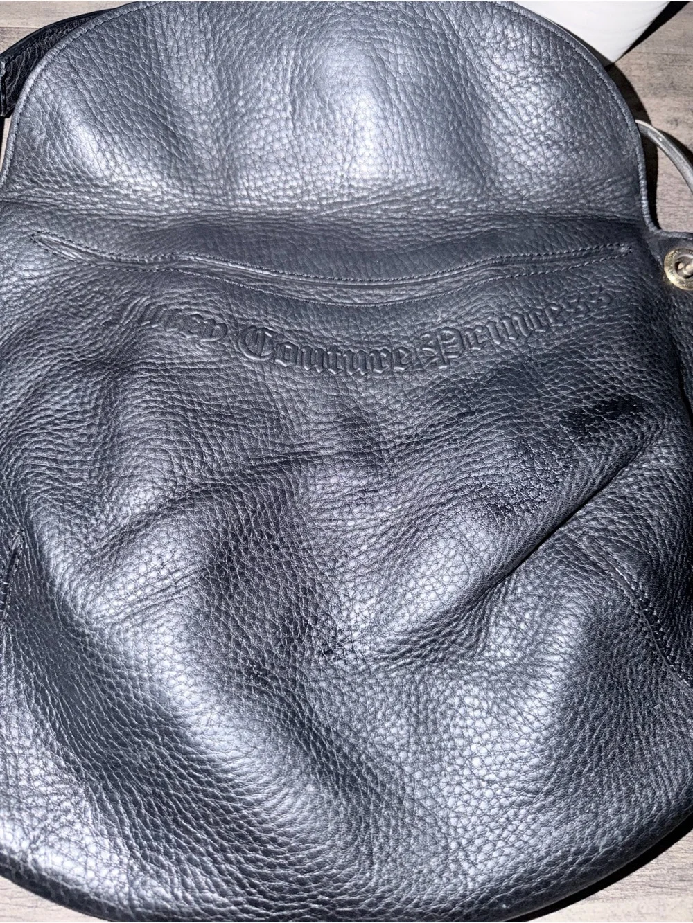 Vintage Juicy Couture Black Pebbled Leather Shoulder Bag with rabbit foot Tassel